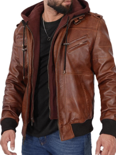 Mens Brown Leather Bomber Jacket With Removable Hood