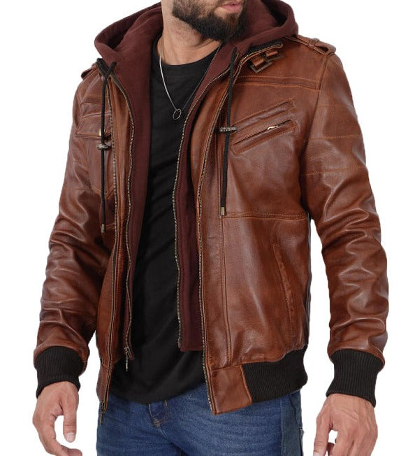 Mens Brown Leather Bomber Jacket With Removable Hood