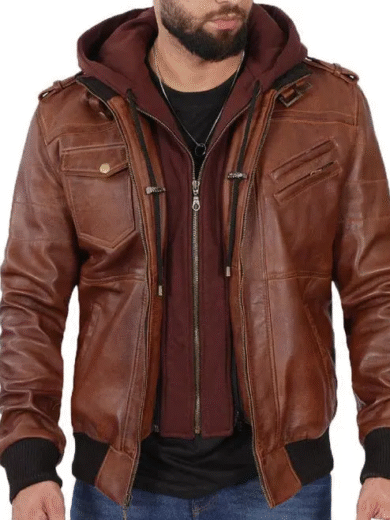Mens Brown Leather Bomber Jacket With Removable Hood