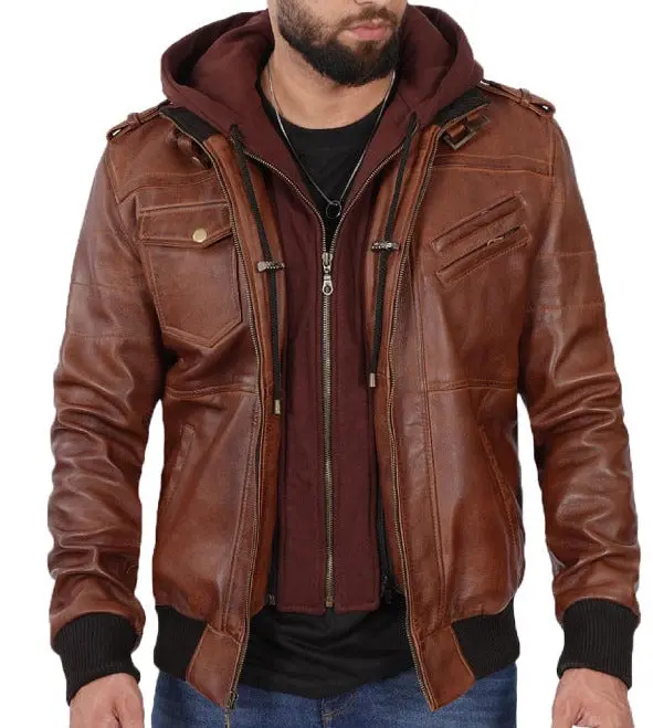 Mens Brown Leather Bomber Jacket With Removable Hood