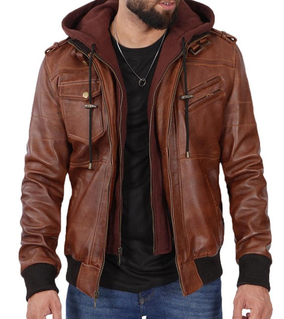 Mens Brown Leather Bomber Jacket With Removable Hood