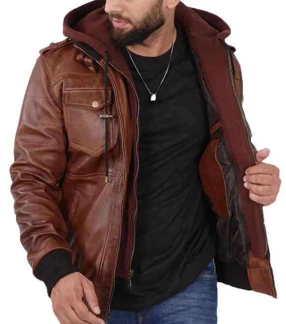 Mens Brown Leather Bomber Jacket With Removable Hood