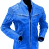 Blue Café Racer Leather Jacket For Men