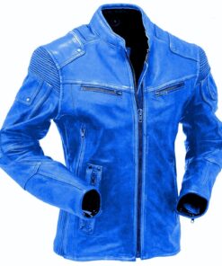 Blue Café Racer Leather Jacket For Men