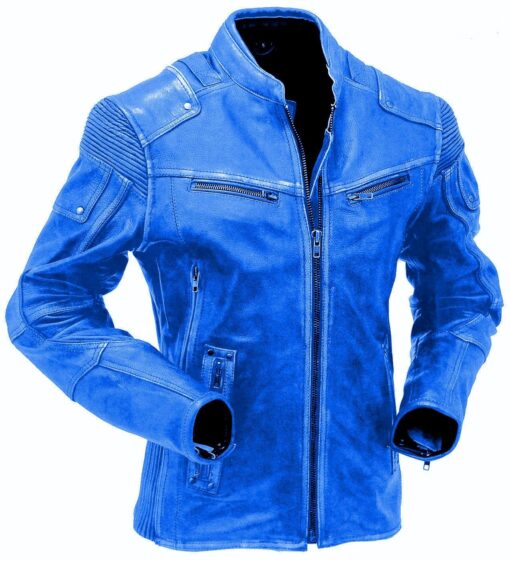 Blue Café Racer Leather Jacket For Men