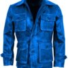 Blue Vintage Front Button Closure Leather Coat For Men