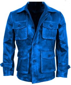 Blue Vintage Front Button Closure Leather Coat For Men