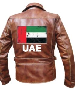 Brown bikers leather jacket with UAE Flag