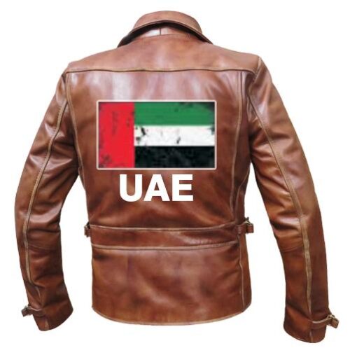 Brown bikers leather jacket with UAE Flag