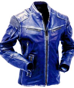 Dark Blue Cafe Racer Leather Jacket For Men