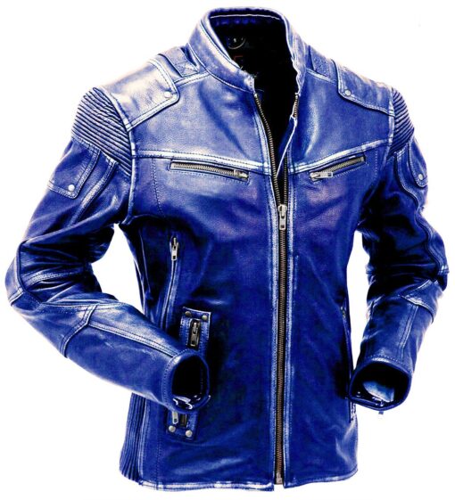 Dark Blue Cafe Racer Leather Jacket For Men