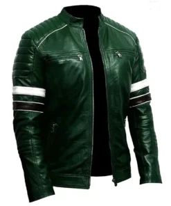 Dark Green Vintage Leather jacket with White Stripe