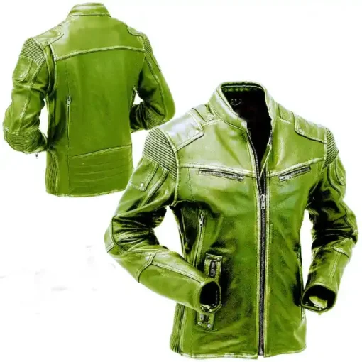 Green Motorcycle Vintage Leather Jacket For Men