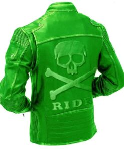 Green Motorcycle Vintage Leather Jacket With Skull