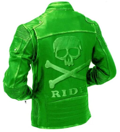 Green Motorcycle Vintage Leather Jacket With Skull