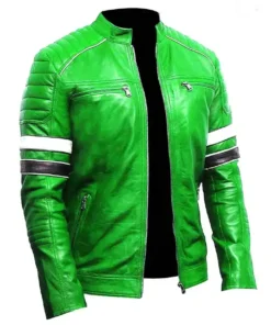 Green Retro Leather Jacket With White Stripe