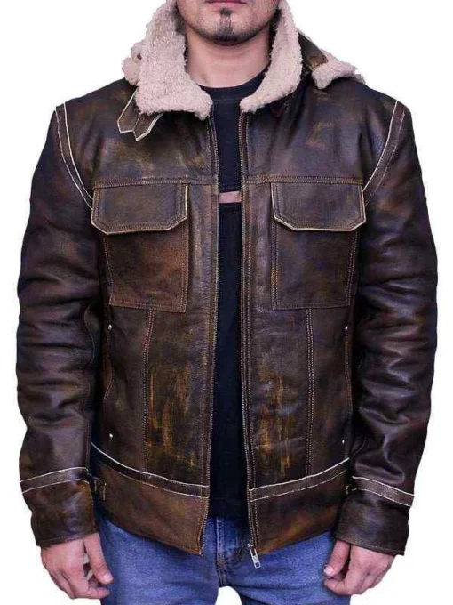 Mens Aviator Hooded Brown Fur Jacket