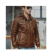 Men Distressed Brown Leather Motorcycle Jacket with Removable Hood