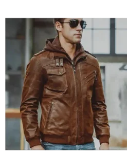 Men Distressed Brown Leather Motorcycle Jacket with Removable Hood