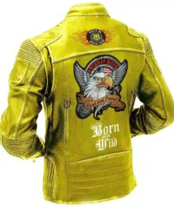 Men Yellow Vintage Biker Café Racer American Eagle Leather Jacket