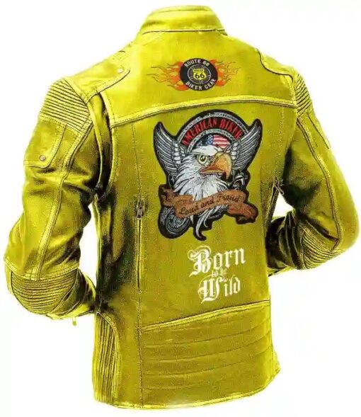 Men Yellow Vintage Biker Café Racer American Eagle Leather Jacket