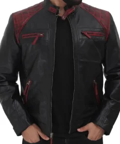 Men's Black and Maroon Café Racer Leather Jacket