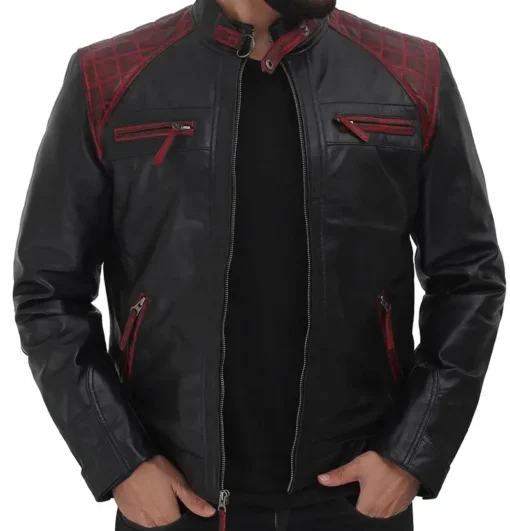 Men's Black and Maroon Café Racer Leather Jacket