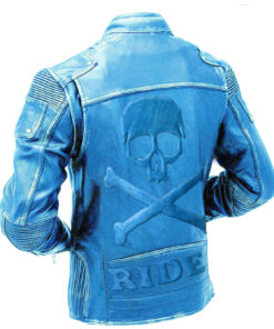 Men Blue Vintage Motorcycle Embossed Skull Leather Jacket