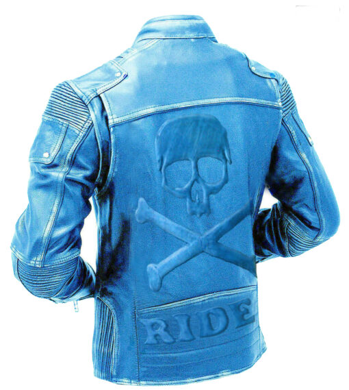 Men Blue Vintage Motorcycle Embossed Skull Leather Jacket