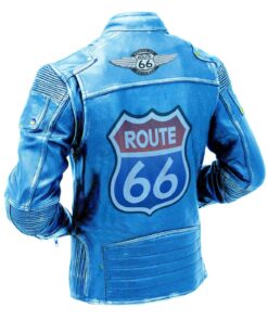 Men Blue Vintage Biker Motorcycle Distressed Route 66 Leather Jacket