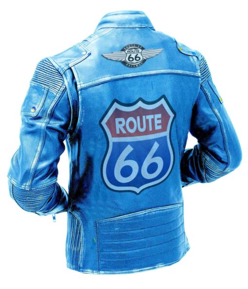 Men Blue Vintage Biker Motorcycle Distressed Route 66 Leather Jacket