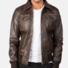 Men's Brown Leather Bomber Shirt Style Distressed Jacket