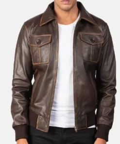 Men's Brown Leather Bomber Shirt Style Distressed Jacket