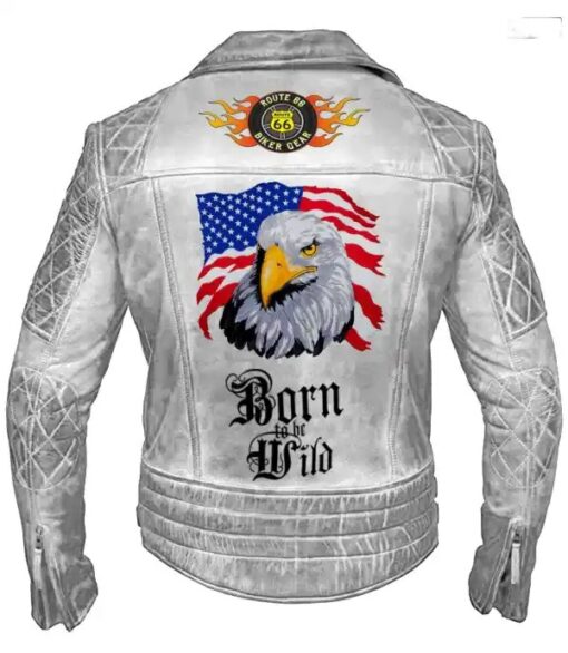 Men White Classic Biker Motorcycle Café Racer American Eagle Leather Jacket