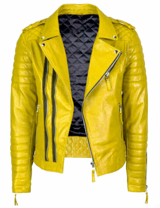 Motorcycle Riding Café Racer Yellow Leather Jacket