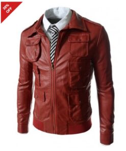 Mens Multi Pocket Style Slim Fit Red Leather Jacket