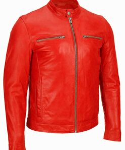 Red Cafe Racer Biker Motorcycle Leather Jacket For Men