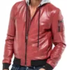 Men's Red hooded stylish bomber leather jacket