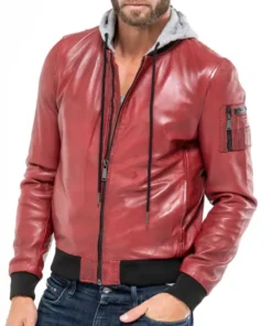 Men's Red hooded stylish bomber leather jacket