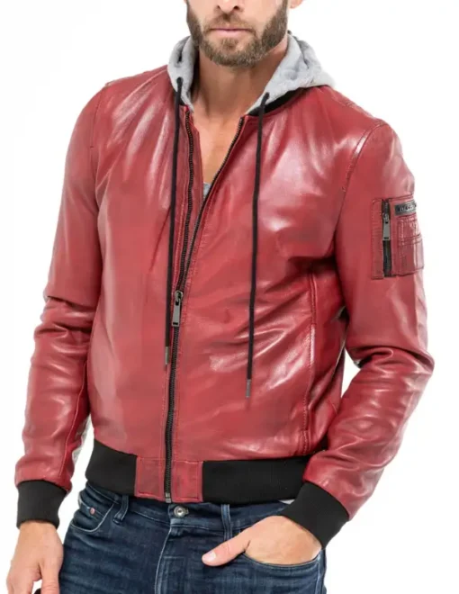 Men's Red hooded stylish bomber leather jacket