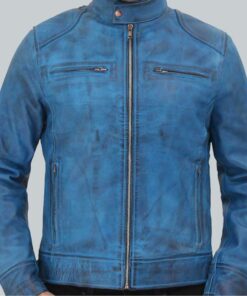 Men's Sky Blue Motorcycle Style Leather Jacket