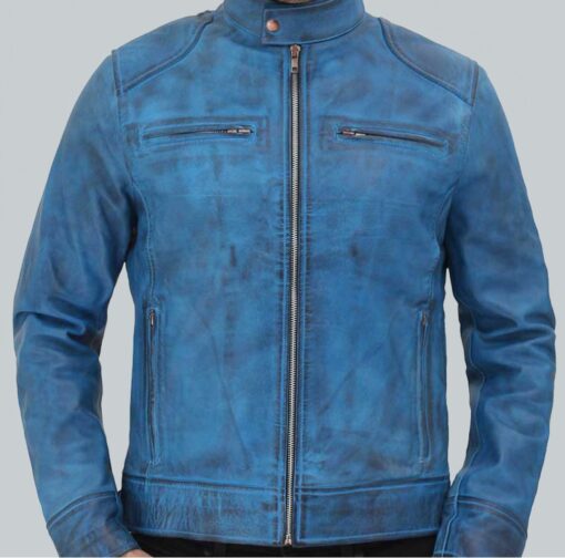 Men's Sky Blue Motorcycle Style Leather Jacket