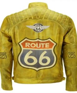 Men Yellow Vintage Biker Motorcycle Route 66 Leather Jacket