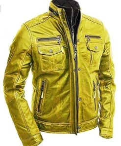 Yellow Vintage Classic Motorcycle Brando Style Cafe Racer Goatskin Leather Jacket