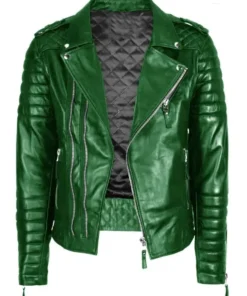 Vintage Biker Green Quilted Leather Jacket For Men