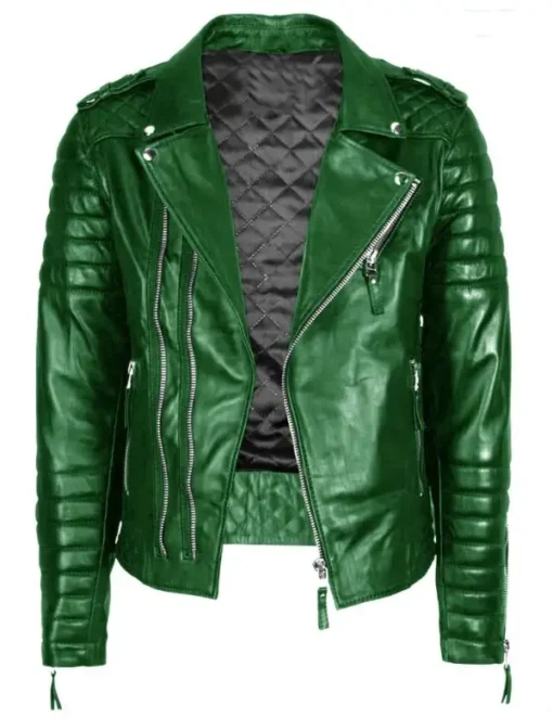 Vintage Biker Green Quilted Leather Jacket For Men