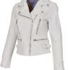 White Women Leather Jacket With Multiple Pockets