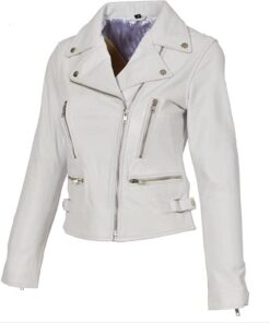 White Women Leather Jacket With Multiple Pockets