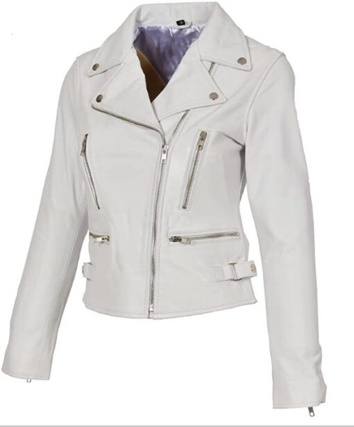 White Women Leather Jacket With Multiple Pockets