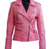 Women Pink Studded Studs Genuine Leather Jacket